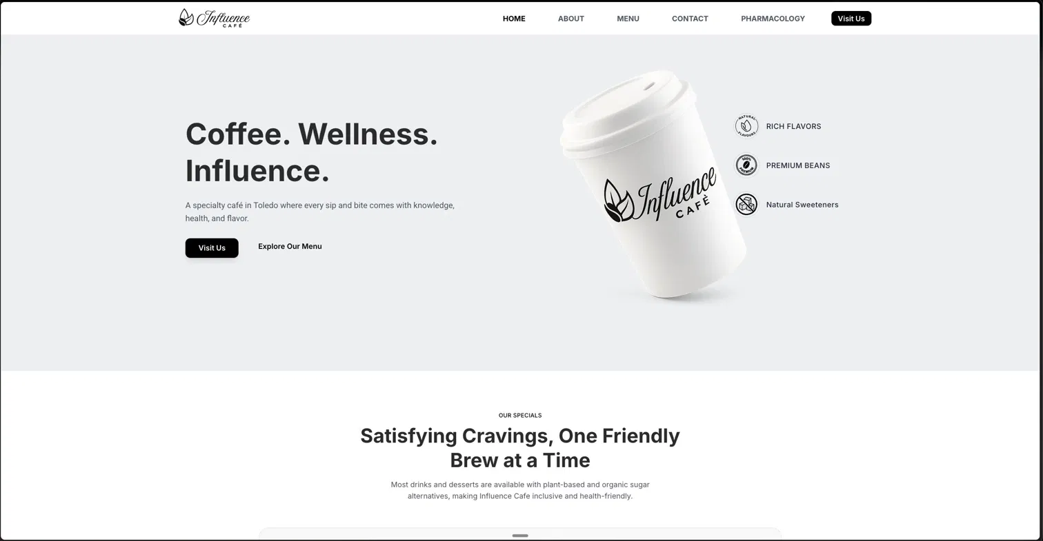 Influence Cafe website — desktop